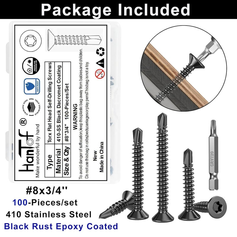 HanTof 100Pcs Torx Drive High-Strength Quick Tapping Screws for Metal, Black #8 x 3/4" Flat Head Self Drilling Screws, 410 Stainless Steel Sheet Metal TEK Screws Assortment with 1 Pcs T20 Bits - Image 2